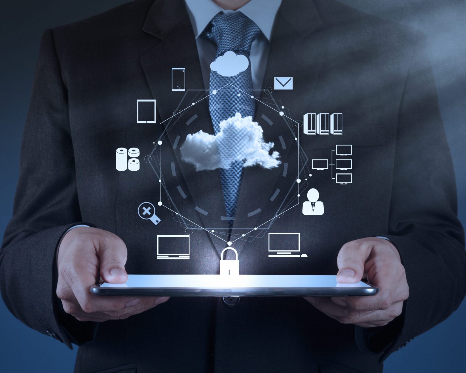 Businessman hand working with a Cloud Computing diagram on the new computer interface as concept